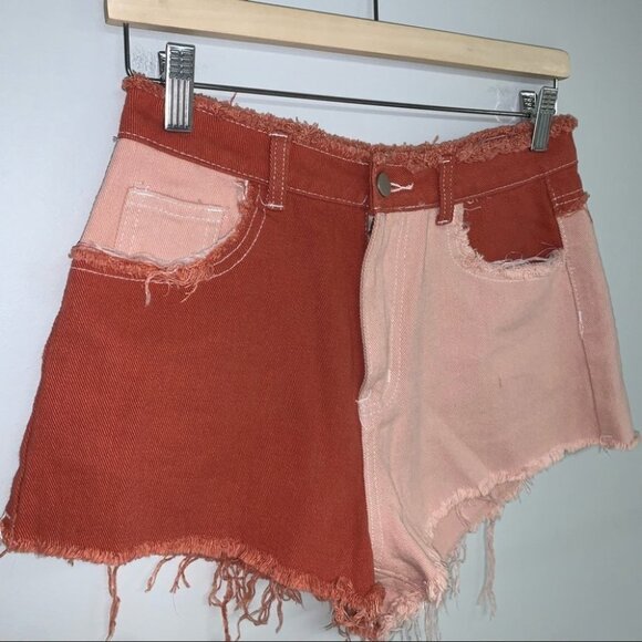SHEIN Shorts Size Medium Orange Peach Colour Block Cut Off Hem Patch Pockets - Picture 3 of 8